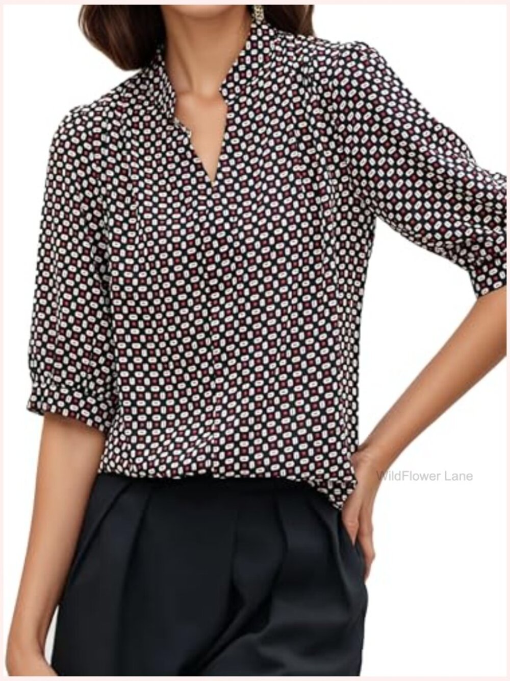V Neck Short Sleeve Tunic Blouse Polka Dot Work Tops - Picture 6 of 6